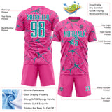 Custom Pink Teal-White Abstract Network Crackle Sublimation Soccer Uniform Jersey