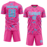 Custom Pink Sky Blue-White Abstract Network Crackle Sublimation Soccer Uniform Jersey