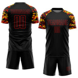 Custom Black Red-Gold Digital Camo Raglan Sleeves Sublimation Soccer Uniform Jersey
