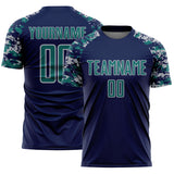 Custom Navy Teal-Gray Digital Camo Raglan Sleeves Sublimation Soccer Uniform Jersey