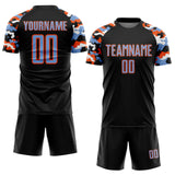 Custom Black Powder Blue Orange-White Digital Camo Raglan Sleeves Sublimation Soccer Uniform Jersey