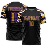 Custom Black Purple Gold-White Digital Camo Raglan Sleeves Sublimation Soccer Uniform Jersey