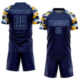 Custom Navy Light Blue Gold-White Digital Camo Raglan Sleeves Sublimation Soccer Uniform Jersey