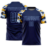 Custom Navy Light Blue Gold-White Digital Camo Raglan Sleeves Sublimation Soccer Uniform Jersey