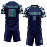 Custom Navy Teal Gray-White Digital Camo Raglan Sleeves Sublimation Soccer Uniform Jersey