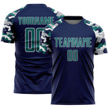 Custom Navy Teal Gray-White Digital Camo Raglan Sleeves Sublimation Soccer Uniform Jersey