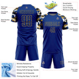 Custom Royal Old Gold Black-White Digital Camo Raglan Sleeves Sublimation Soccer Uniform Jersey