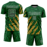 Custom Green Old Gold-White Brush Stroke Splatter Liquid Swirl Sublimation Soccer Uniform Jersey