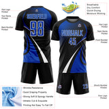 Custom Black Thunder Blue-White Halftone Dot Dynamic Curve Stripe Sublimation Soccer Uniform Jersey