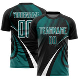 Custom Black Teal-White Halftone Dot Dynamic Curve Stripe Sublimation Soccer Uniform Jersey