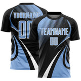 Custom Black Light Blue-White Halftone Dot Dynamic Curve Stripe Sublimation Soccer Uniform Jersey