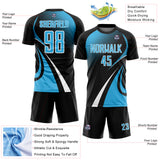 Custom Black Sky Blue-White Halftone Dot Dynamic Curve Stripe Sublimation Soccer Uniform Jersey