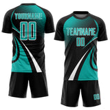 Custom Black Aqua-White Halftone Dot Dynamic Curve Stripe Sublimation Soccer Uniform Jersey
