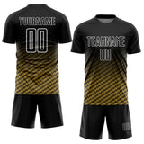 Custom Black Old Gold-White Geometric Wave Gradient Sublimation Soccer Uniform Jersey