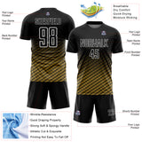 Custom Black Old Gold-White Geometric Wave Gradient Sublimation Soccer Uniform Jersey