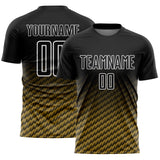 Custom Black Old Gold-White Geometric Wave Gradient Sublimation Soccer Uniform Jersey