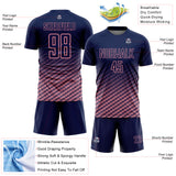 Custom Navy-Medium Pink Geometric Wave Gradient Sublimation Soccer Uniform Jersey