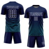 Custom Navy Teal-White Geometric Wave Gradient Sublimation Soccer Uniform Jersey