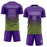 Custom Purple Neon Green-White Geometric Wave Gradient Sublimation Soccer Uniform Jersey