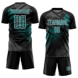 Custom Black Teal-White Grunge Splatter Brush Stroke Sublimation Soccer Uniform Jersey