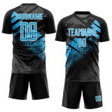 Custom Black Sky Blue-White Grunge Splatter Brush Stroke Sublimation Soccer Uniform Jersey