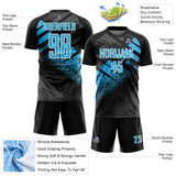 Custom Black Sky Blue-White Grunge Splatter Brush Stroke Sublimation Soccer Uniform Jersey
