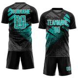 Custom Black Aqua-White Grunge Splatter Brush Stroke Sublimation Soccer Uniform Jersey
