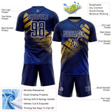 Custom Navy Old Gold-White Grunge Splatter Brush Stroke Sublimation Soccer Uniform Jersey