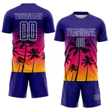 Custom Dark Purple Hot Pink Gold-White Tropical Hawaii Palm Trees Gradient Sublimation Soccer Uniform Jersey