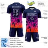 Custom Navy Deep Pink Orange-White Tropical Hawaii Palm Trees Gradient Sublimation Soccer Uniform Jersey