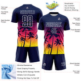 Custom Navy Neon Pink Light Yellow-White Tropical Hawaii Palm Trees Gradient Sublimation Soccer Uniform Jersey