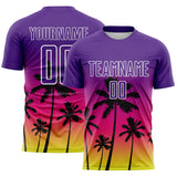 Custom Purple Hot Pink Neon Yellow-White Tropical Hawaii Palm Trees Gradient Sublimation Soccer Uniform Jersey