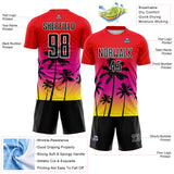 Custom Fire Red Black Deep Pink Light Yellow-White Tropical Hawaii Palm Trees Gradient Sublimation Soccer Uniform Jersey