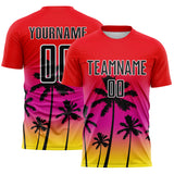 Custom Fire Red Black Deep Pink Light Yellow-White Tropical Hawaii Palm Trees Gradient Sublimation Soccer Uniform Jersey
