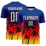 Custom Royal White Fire Red Light Yellow-Black Tropical Hawaii Palm Trees Gradient Sublimation Soccer Uniform Jersey