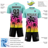 Custom Ice Blue Black Pink Neon Yellow-White Tropical Hawaii Palm Trees Gradient Sublimation Soccer Uniform Jersey