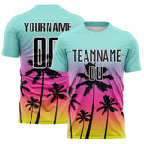 Custom Ice Blue Black Pink Neon Yellow-White Tropical Hawaii Palm Trees Gradient Sublimation Soccer Uniform Jersey