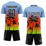 Custom Light Blue Black Orange Neon Green-White Tropical Hawaii Palm Trees Gradient Sublimation Soccer Uniform Jersey