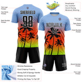 Custom Light Blue Black Orange Neon Green-White Tropical Hawaii Palm Trees Gradient Sublimation Soccer Uniform Jersey