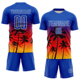 Custom Thunder Blue Fire Red Yellow-White Tropical Hawaii Palm Trees Gradient Sublimation Soccer Uniform Jersey