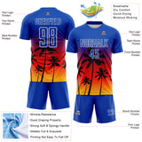 Custom Thunder Blue Fire Red Yellow-White Tropical Hawaii Palm Trees Gradient Sublimation Soccer Uniform Jersey