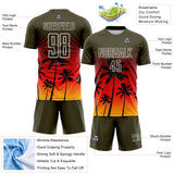 Custom Olive Fire Red Gold-White Tropical Hawaii Palm Trees Gradient Sublimation Soccer Uniform Jersey
