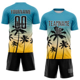 Custom Panther Blue Black Cream Gold-White Tropical Hawaii Palm Trees Gradient Sublimation Soccer Uniform Jersey