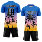 Custom Blue Black Light Pink Gold-White Tropical Hawaii Palm Trees Gradient Sublimation Soccer Uniform Jersey