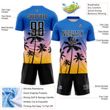 Custom Blue Black Light Pink Gold-White Tropical Hawaii Palm Trees Gradient Sublimation Soccer Uniform Jersey