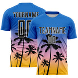 Custom Blue Black Light Pink Gold-White Tropical Hawaii Palm Trees Gradient Sublimation Soccer Uniform Jersey