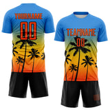Custom Powder Blue Orange Gold-Black Tropical Hawaii Palm Trees Gradient Sublimation Soccer Uniform Jersey