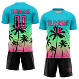 Custom Lakes Blue Pink Pea Green-Black Tropical Hawaii Palm Trees Gradient Sublimation Soccer Uniform Jersey