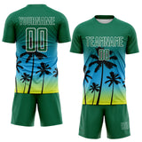 Custom Kelly Green Sky Blue Neon Yellow-White Tropical Hawaii Palm Trees Gradient Sublimation Soccer Uniform Jersey