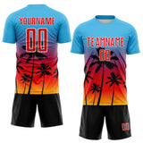 Custom Sky Blue Fire Red Gold White-Black Tropical Hawaii Palm Trees Gradient Sublimation Soccer Uniform Jersey